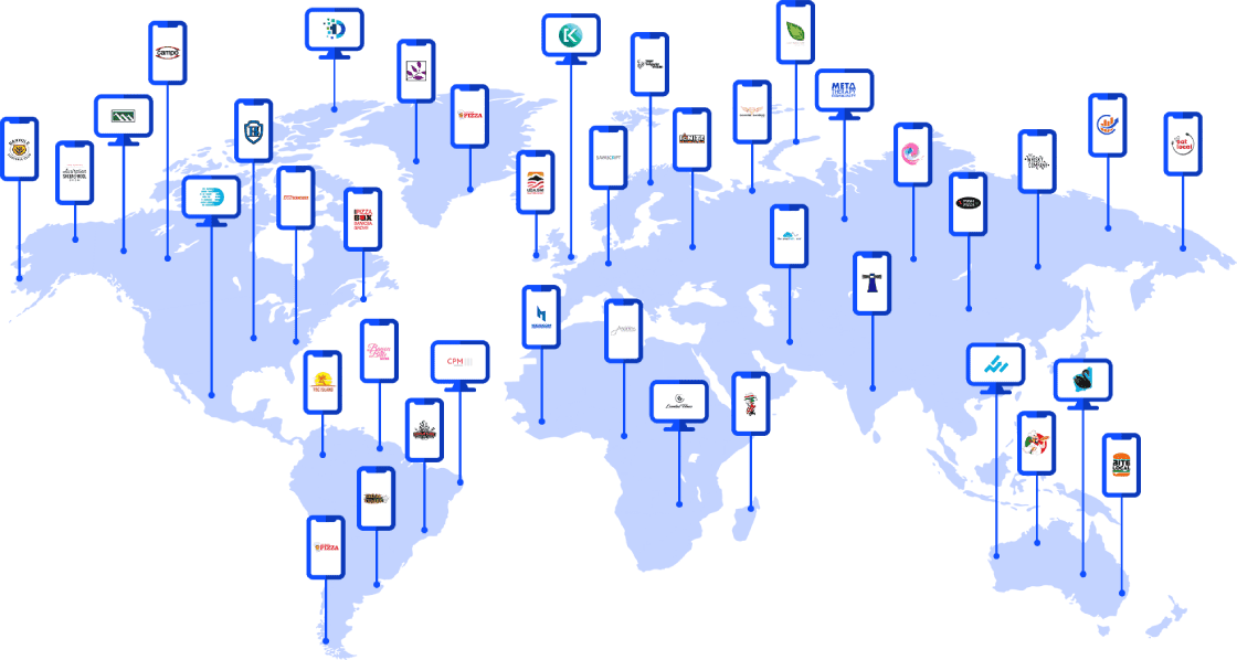World map of MAC partner projects, client app logos across 14+ countries